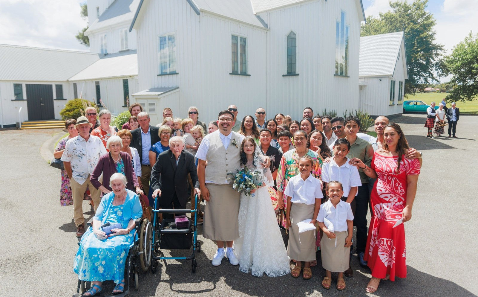 Family gathered outside the church